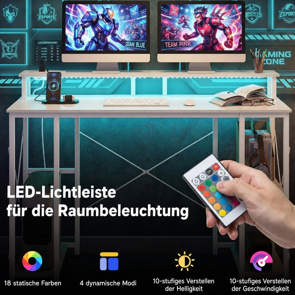 Computertisch mit LED-Beleuchtung Steckdosen & Monitorständer 120 x 50 x 87 cm
