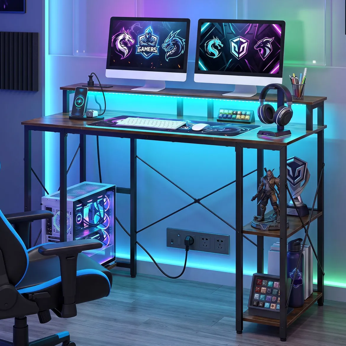 Computertisch mit LED-Beleuchtung Steckdosen & Monitorständer 120 x 50 x 87 cm