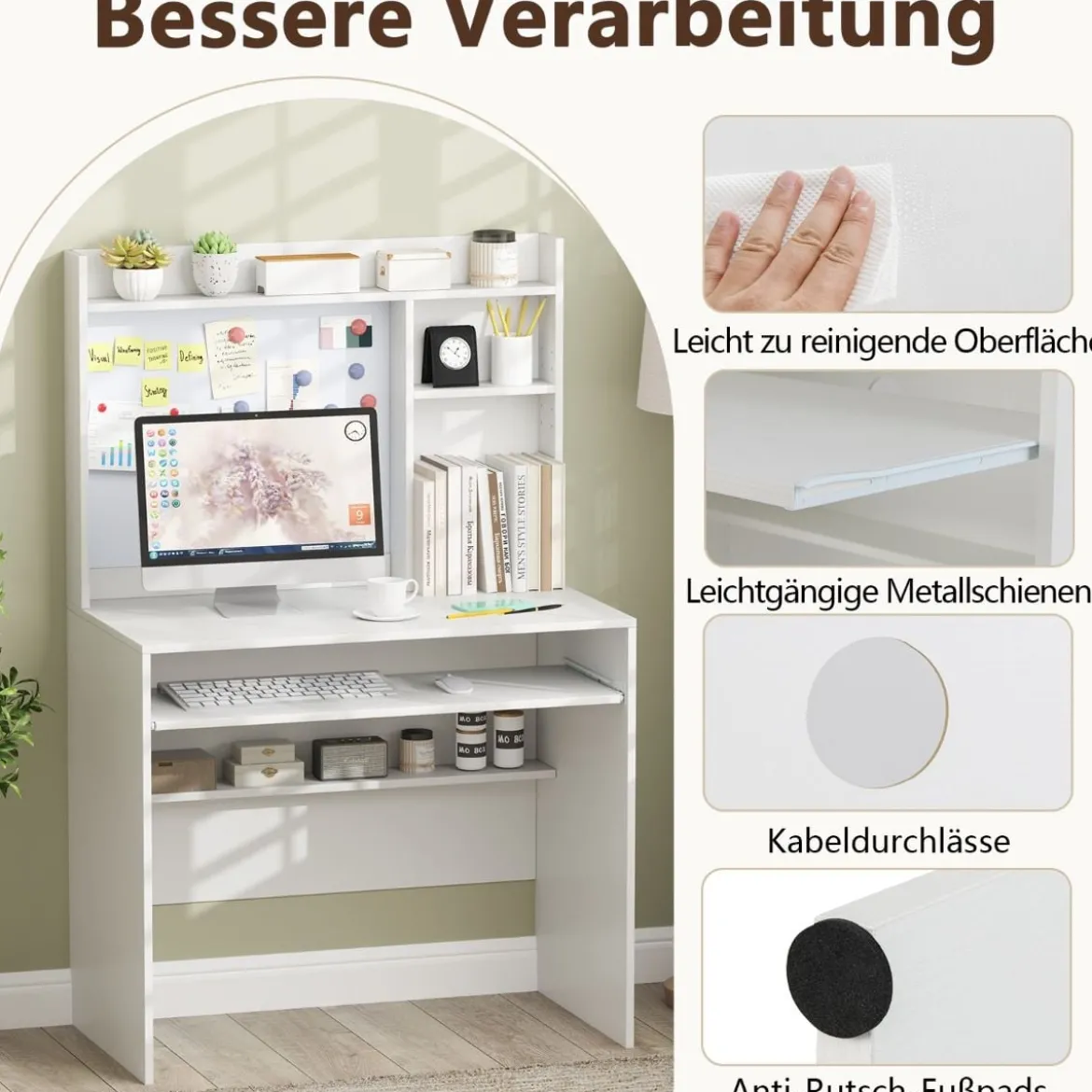 Computertisch mit Magnetischer Pinnwand Home Office Schreibtisch Modern PC Tisch Weiß