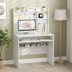 Computertisch mit Magnetischer Pinnwand Home Office Schreibtisch Modern PC Tisch Weiß