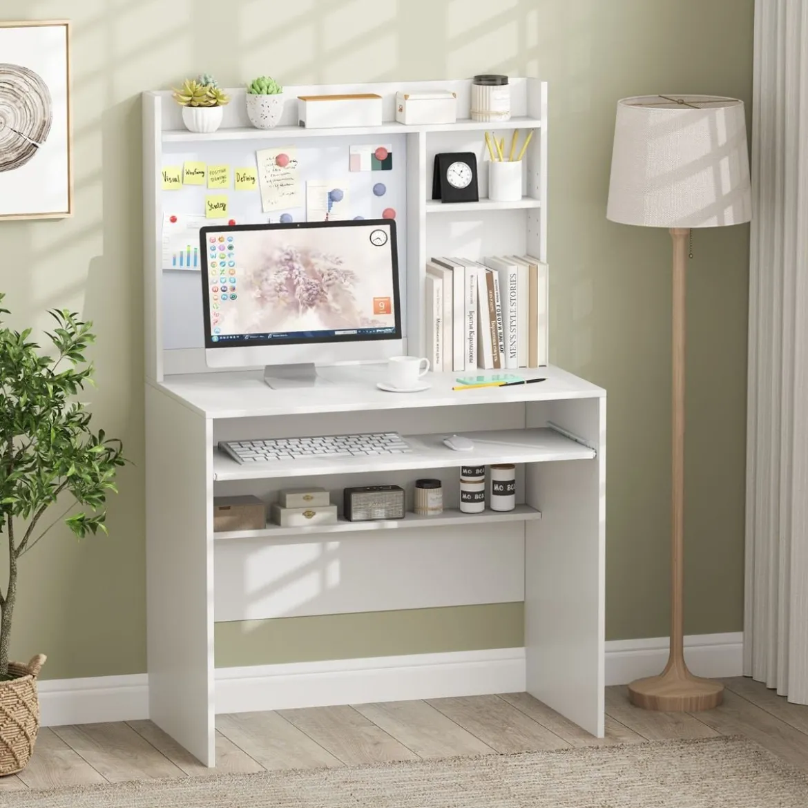 Computertisch mit Magnetischer Pinnwand Home Office Schreibtisch Modern PC Tisch Weiß