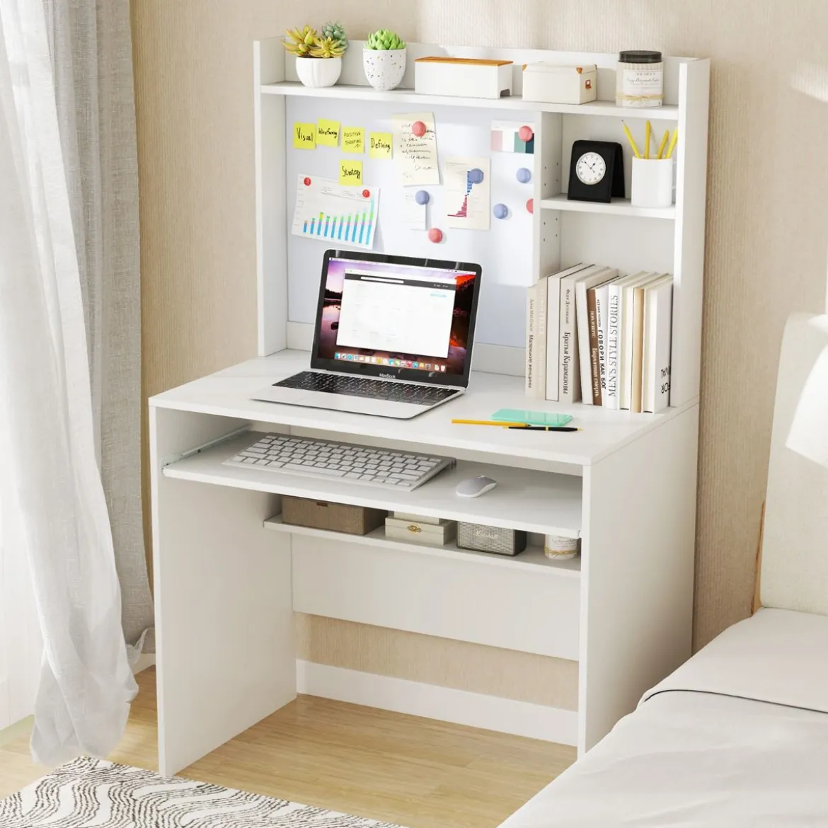 Computertisch mit Magnetischer Pinnwand Home Office Schreibtisch Modern PC Tisch Weiß
