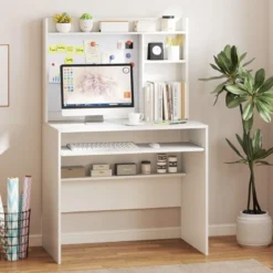 Computertisch mit Magnetischer Pinnwand Home Office Schreibtisch Modern PC Tisch Weiß
