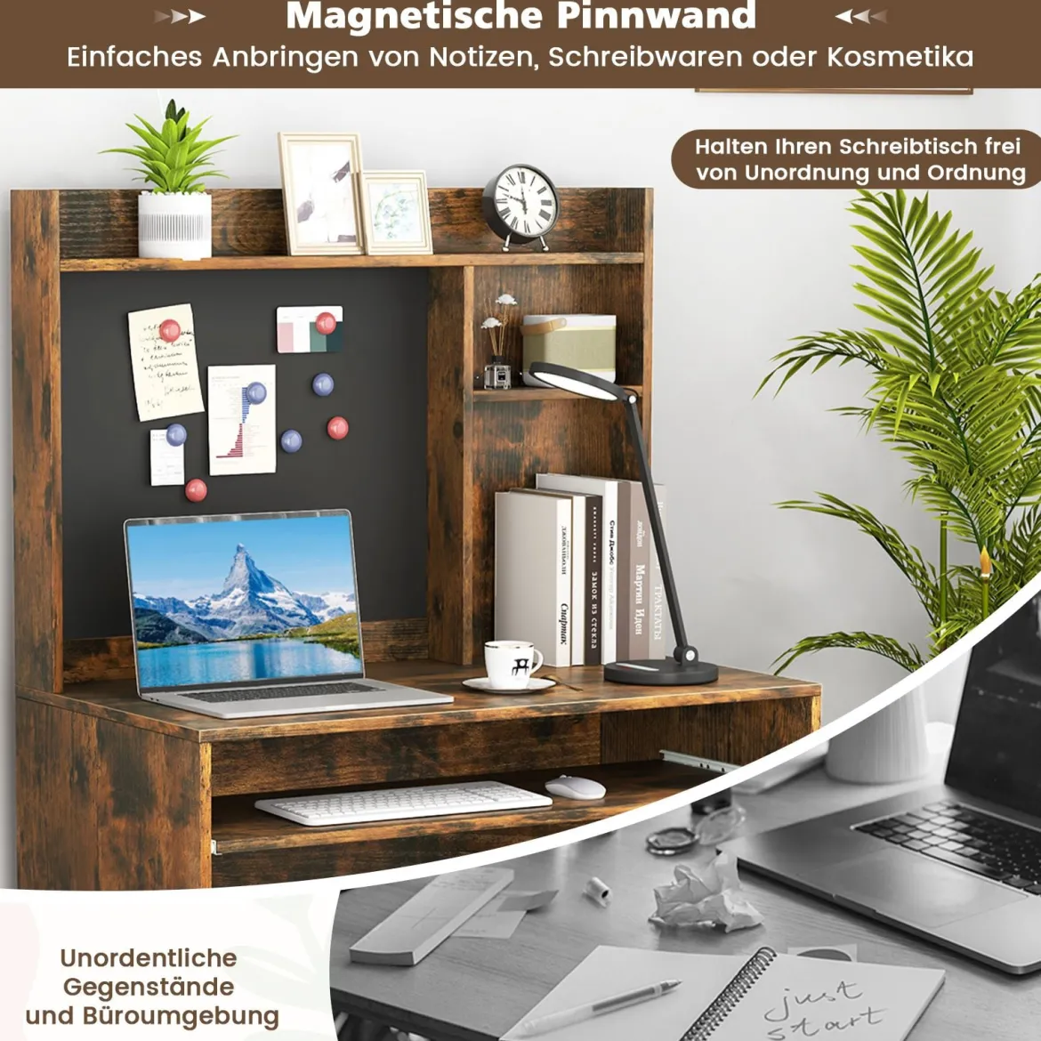 Computertisch mit magnetischer Pinnwand Home-Office-Schreibtisch mit Aufsatz und Tastaturablage Braun