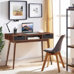 Computertisch mit Massivholzbeinen Stilvoller Tisch mit 2 Schubladen und offenem Regal Braun