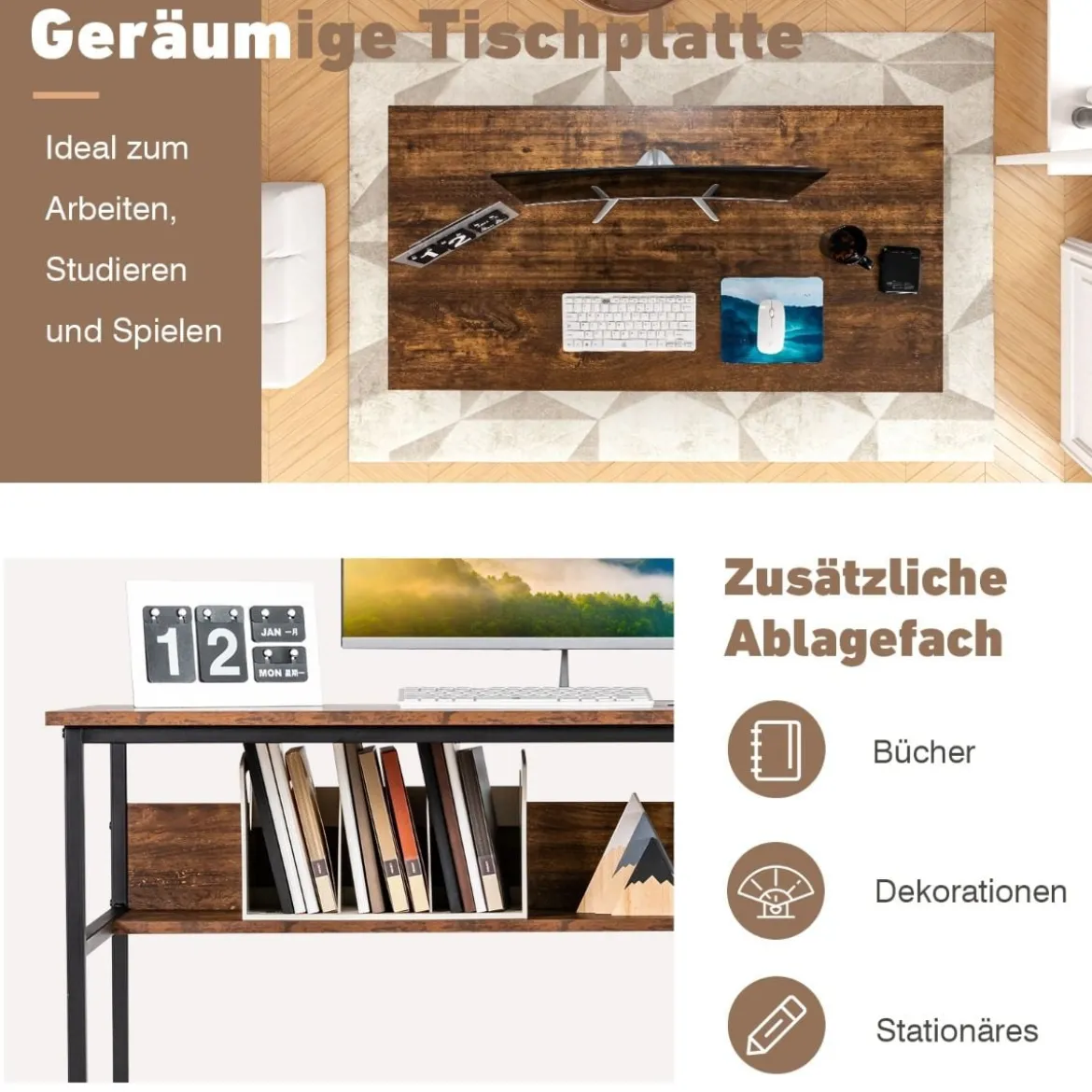 Computertisch mit offenem Regal und CPU-Ständer 120 x 60 x 75 cm Rustikales Braun