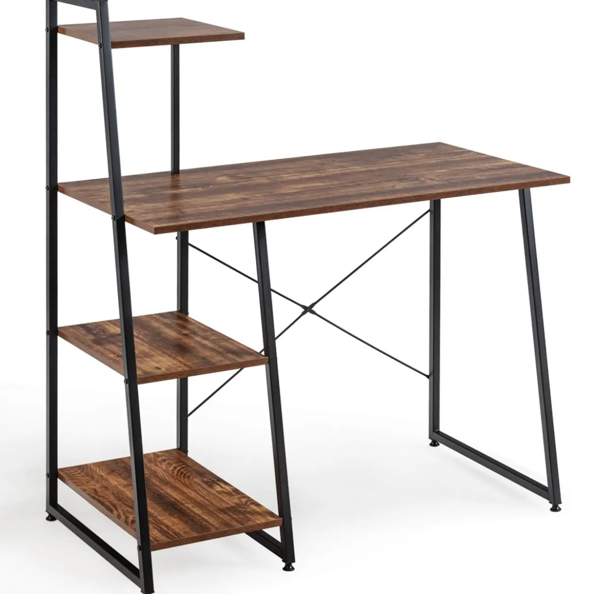 Computertisch mit 4 Regal Schreibtisch aus Holz & Metall mit Ablageflächen 98 x 50 x 118 cm Braun + Schwarz