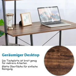 Computertisch mit 4 Regal Schreibtisch aus Holz & Metall mit Ablageflächen 98 x 50 x 118 cm Braun + Schwarz