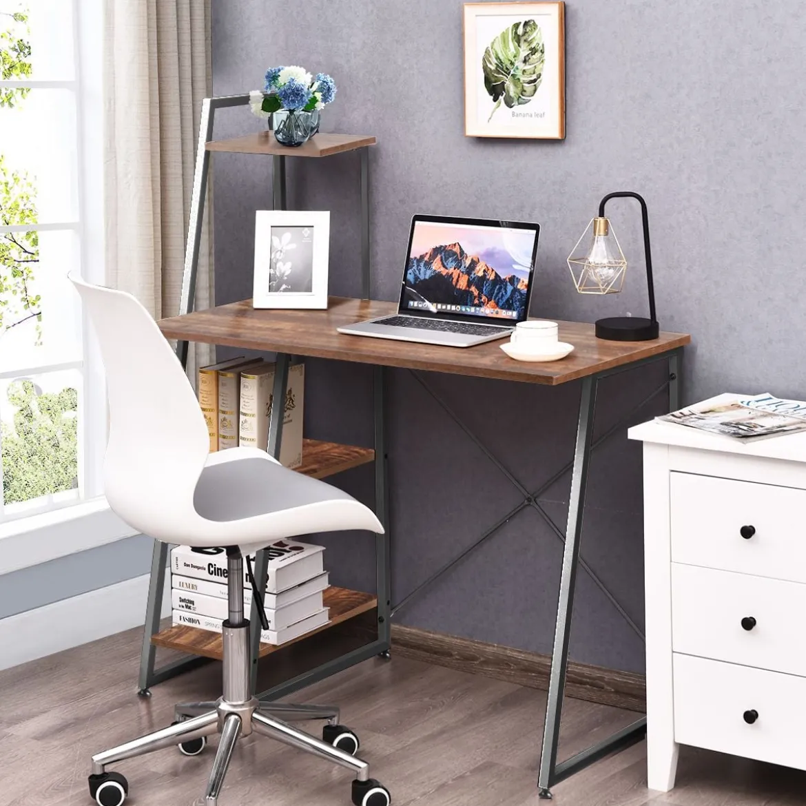 Computertisch mit 4 Regal Schreibtisch aus Holz & Metall mit Ablageflächen 98 x 50 x 118 cm Braun + Schwarz
