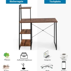 Computertisch mit 4 Regal Schreibtisch aus Holz & Metall mit Ablageflächen 98 x 50 x 118 cm Braun + Schwarz