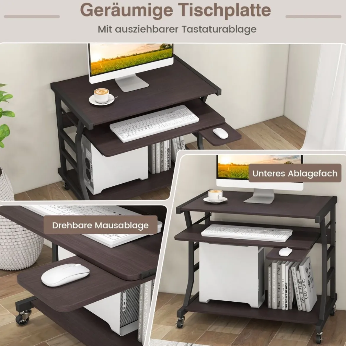 Computertisch mit Rollen & Ausziehbarer Tastaturablage & Mausablage PC-Tisch Braun