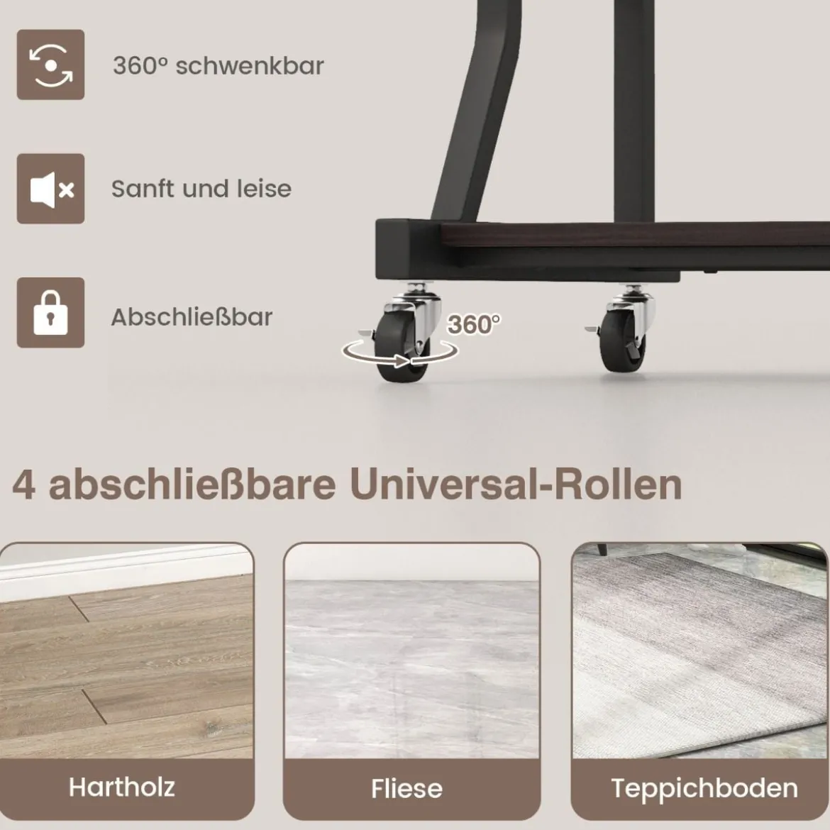 Computertisch mit Rollen & Ausziehbarer Tastaturablage & Mausablage PC-Tisch Braun