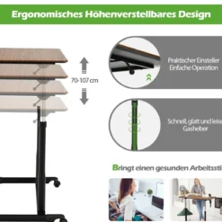 Computertisch mit 4 Rollen Höhenverstellbarer Schreibtisch 95 x 52 x 70 - 107 cm Braun
