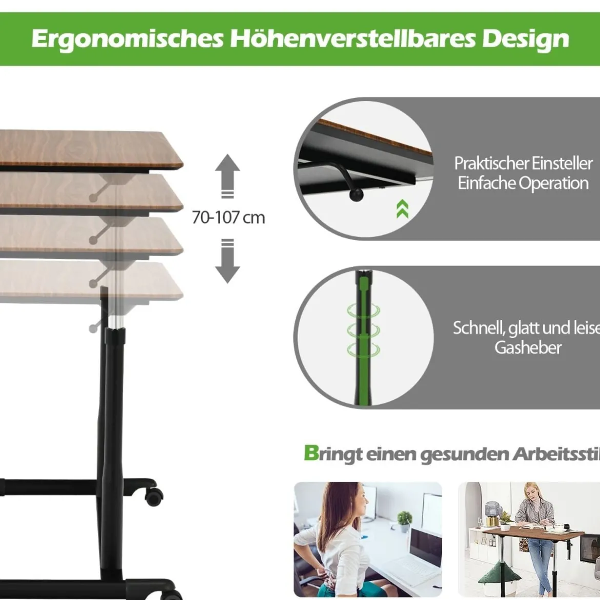 Computertisch mit 4 Rollen Höhenverstellbarer Schreibtisch 95 x 52 x 70 - 107 cm Braun