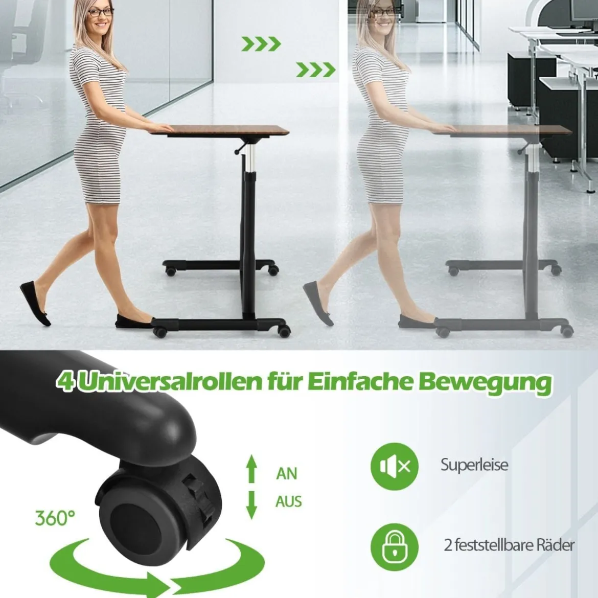 Computertisch mit 4 Rollen Höhenverstellbarer Schreibtisch 95 x 52 x 70 - 107 cm Braun