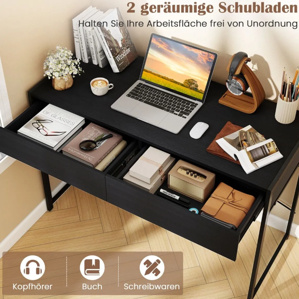 Computertisch mit 2 Schubladen Kompakter Schreibtisch mit Strapazierfähigem Metallrahmen