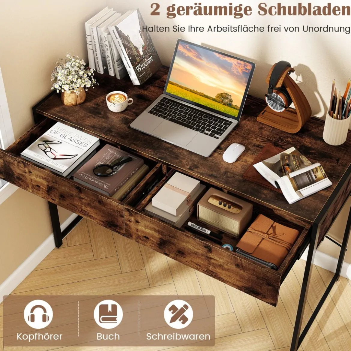 Computertisch mit 2 Schubladen Kompakter Schreibtisch mit Strapazierfähigem Metallrahmen