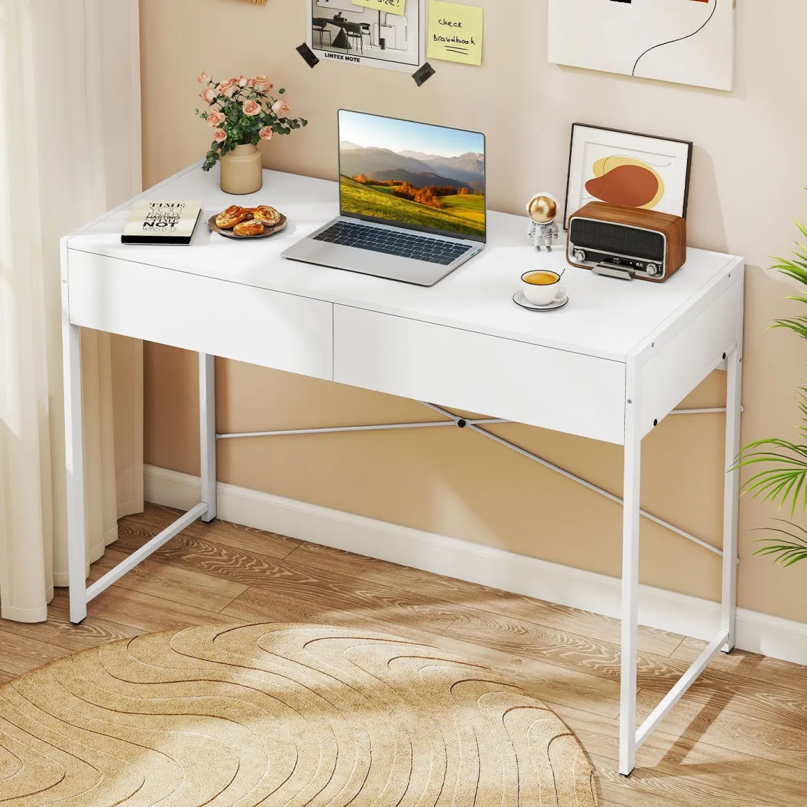 Computertisch mit 2 Schubladen Kompakter Schreibtisch mit Strapazierfähigem Metallrahmen