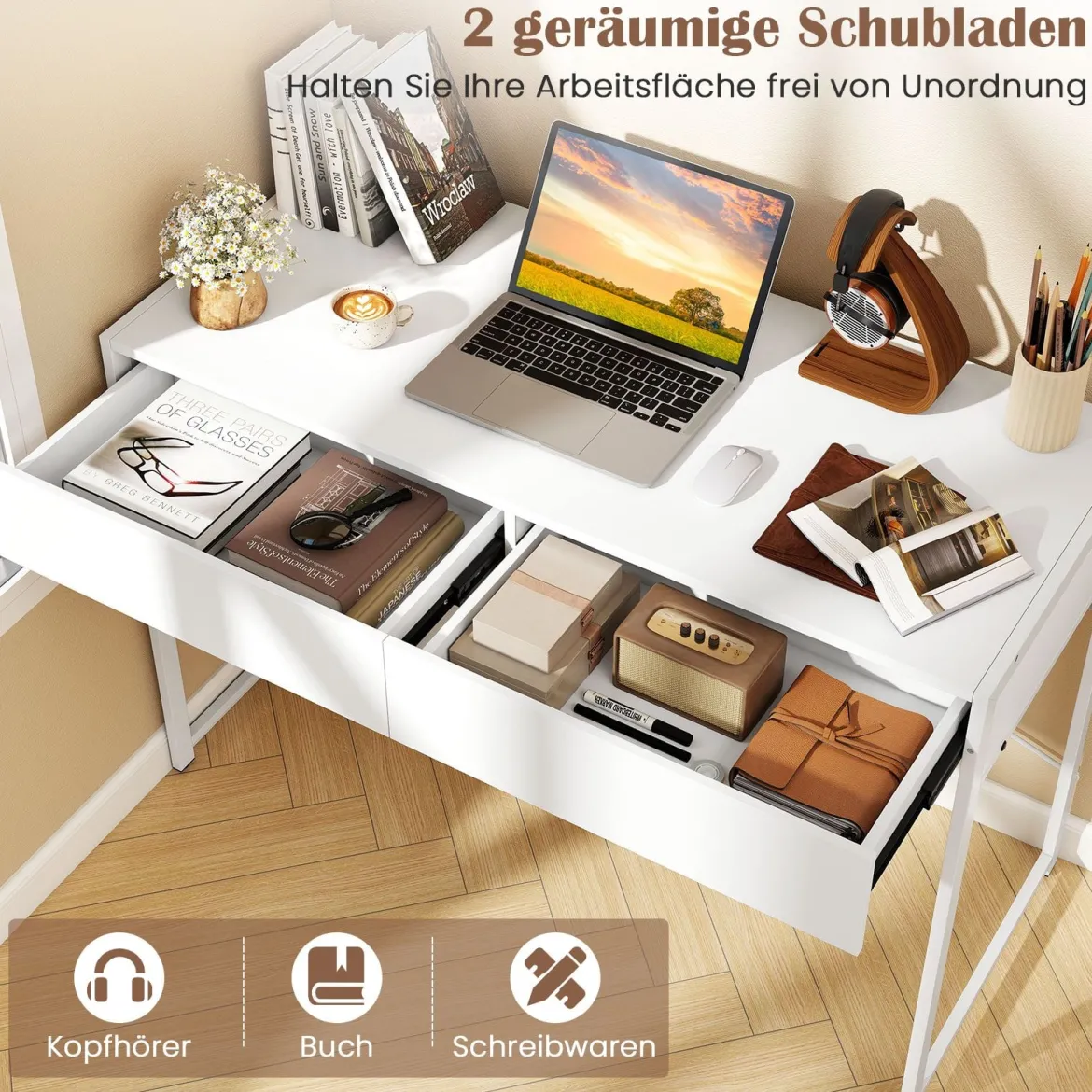 Computertisch mit 2 Schubladen Kompakter Schreibtisch mit Strapazierfähigem Metallrahmen