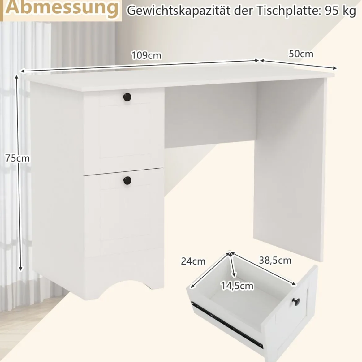 Computertisch mit 2 Schubladen Schreibtisch Robuster Gaming-Tisch Schminktisch Laptoptisch