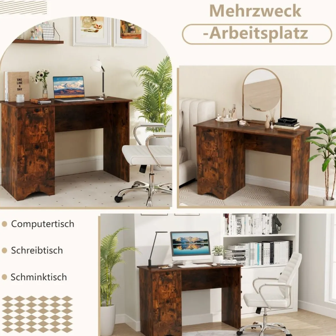 Computertisch mit 2 Schubladen Schreibtisch Robuster Gaming-Tisch Schminktisch Laptoptisch