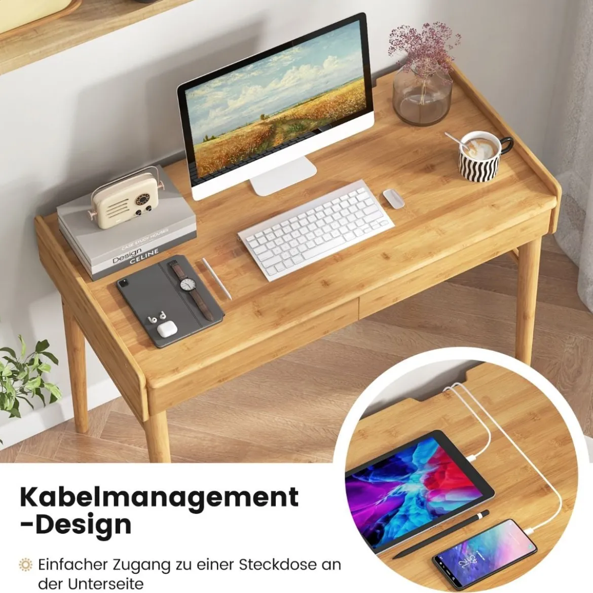 Computertisch mit Schubladen & Offenem Regal & Kabelführungsschlitz Schreibtisch Natur