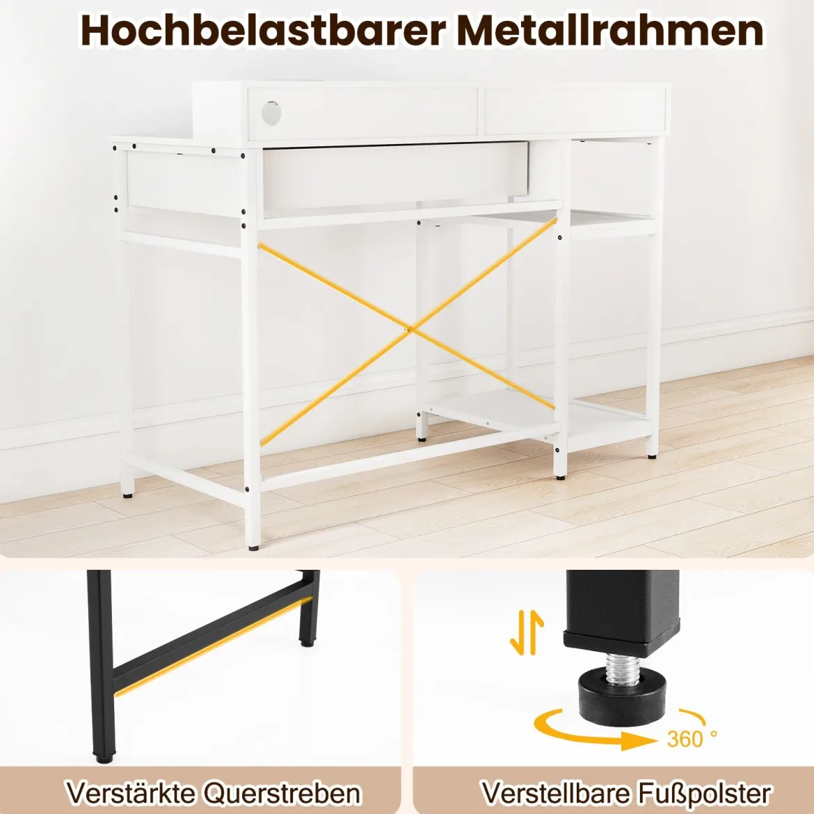 Computertisch mit Steckdosen Homeoffice-Schreibtisch mit Aufsatz Schublade & 2 offenen Regalen Weiß