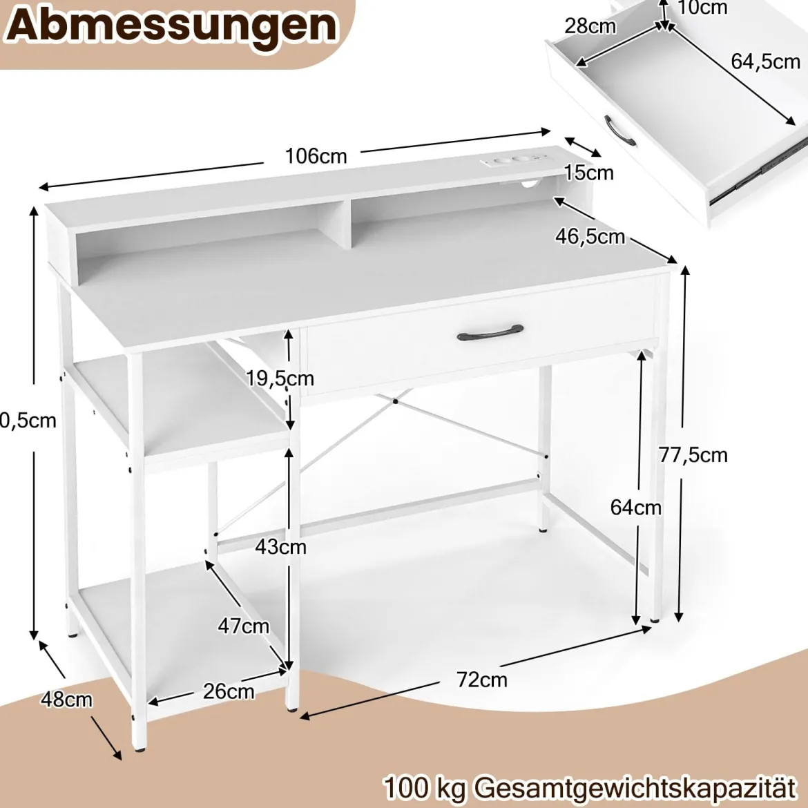 Computertisch mit Steckdosen Homeoffice-Schreibtisch mit Aufsatz Schublade & 2 offenen Regalen Weiß