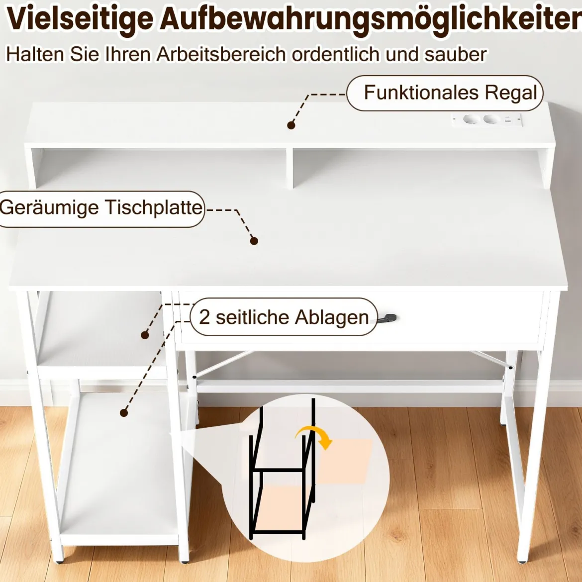 Computertisch mit Steckdosen Homeoffice-Schreibtisch mit Aufsatz Schublade & 2 offenen Regalen Weiß