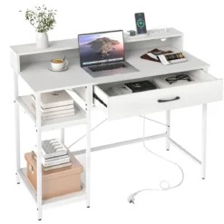 Computertisch mit Steckdosen Homeoffice-Schreibtisch mit Aufsatz Schublade & 2 offenen Regalen Weiß