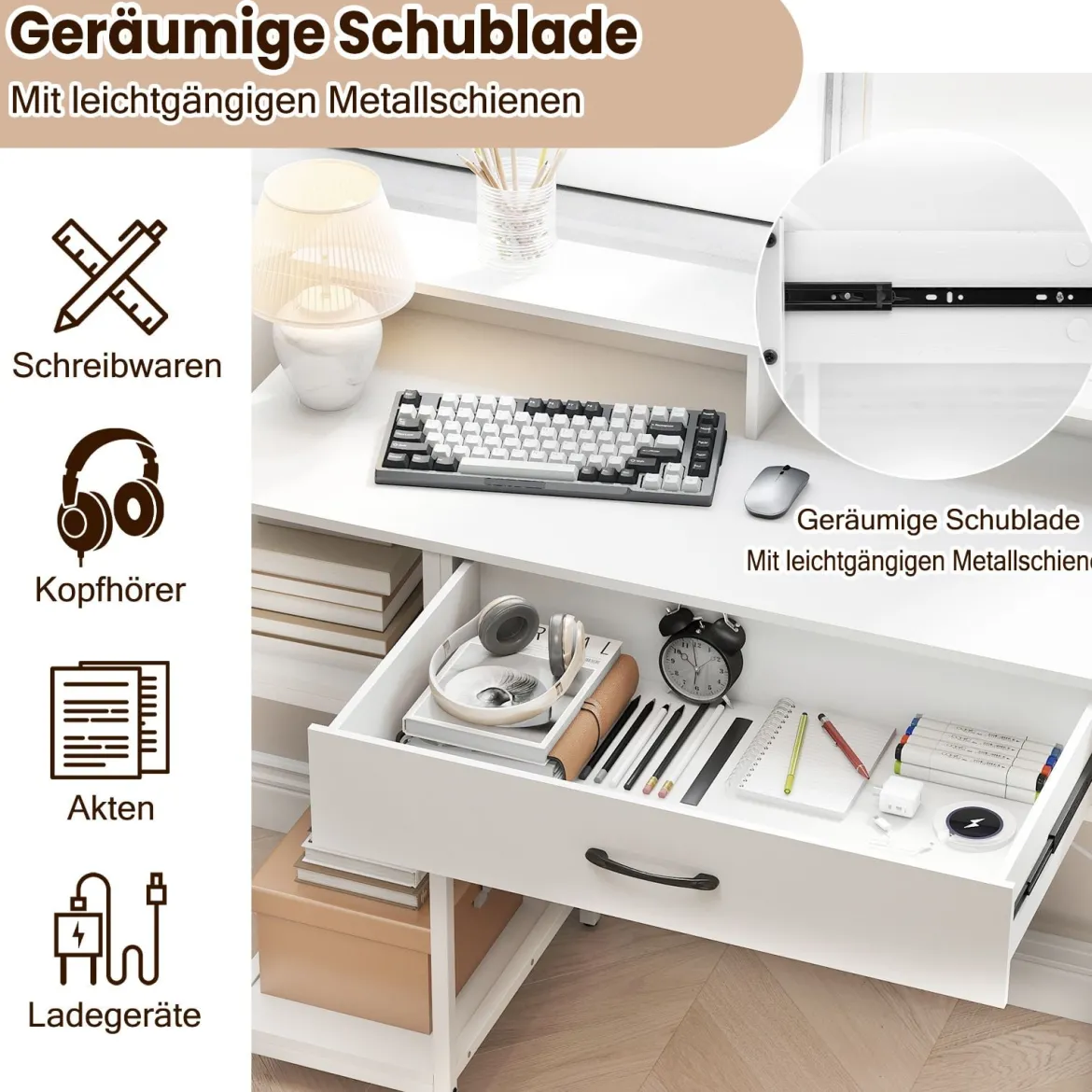 Computertisch mit Steckdosen Homeoffice-Schreibtisch mit Aufsatz Schublade & 2 offenen Regalen Weiß