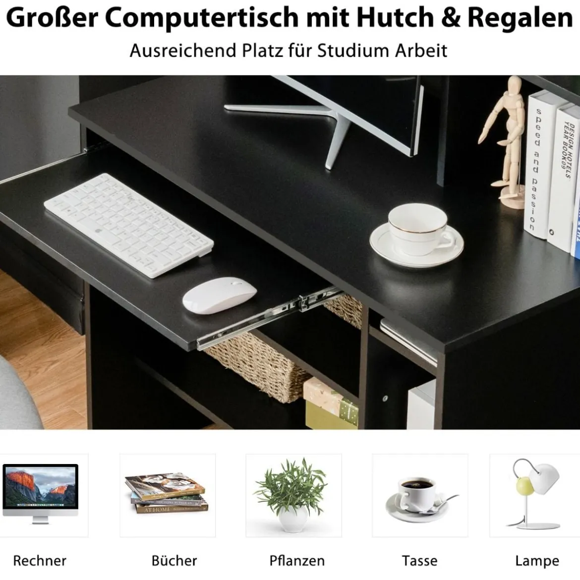 Computertisch Schreibtisch mit Bücherregal & Tastaturablage 91 x 50,5 x 136 cm Schwarz