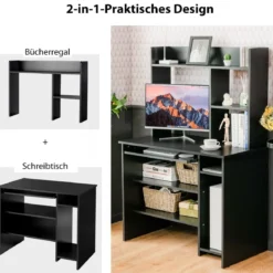 Computertisch Schreibtisch mit Bücherregal & Tastaturablage 91 x 50,5 x 136 cm Schwarz