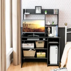 Computertisch Schreibtisch mit Bücherregal & Tastaturablage 91 x 50,5 x 136 cm Schwarz