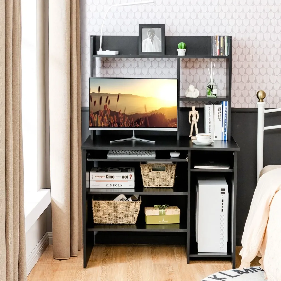 Computertisch Schreibtisch mit Bücherregal & Tastaturablage 91 x 50,5 x 136 cm Schwarz