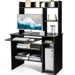 Computertisch Schreibtisch mit Bücherregal & Tastaturablage 91 x 50,5 x 136 cm Schwarz
