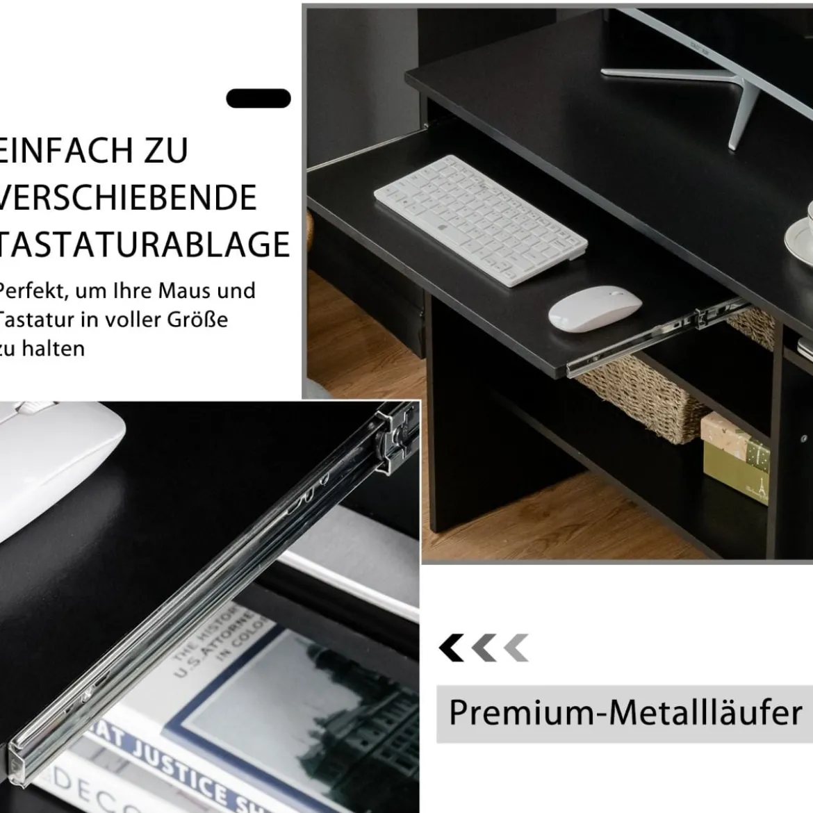 Computertisch Schreibtisch mit Bücherregal & Tastaturablage 91 x 50,5 x 136 cm Schwarz