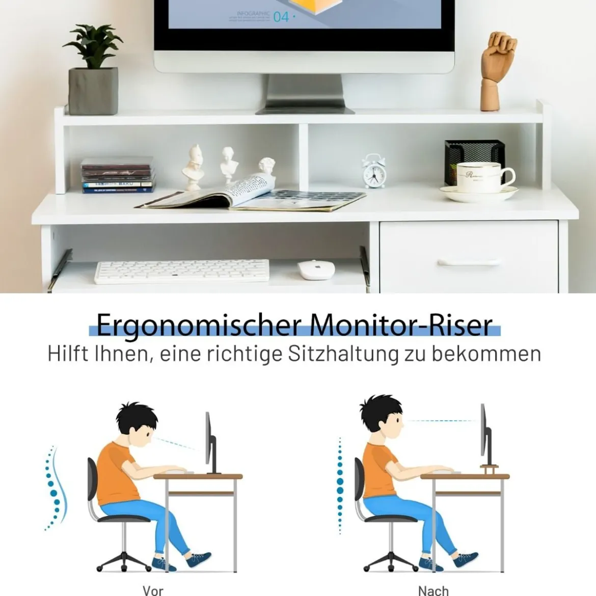 Computertisch Schreibtisch mit Aufbewahrungsschublade & Regal-Aufsatz 90 x 48 x 91,5 cm Weiß