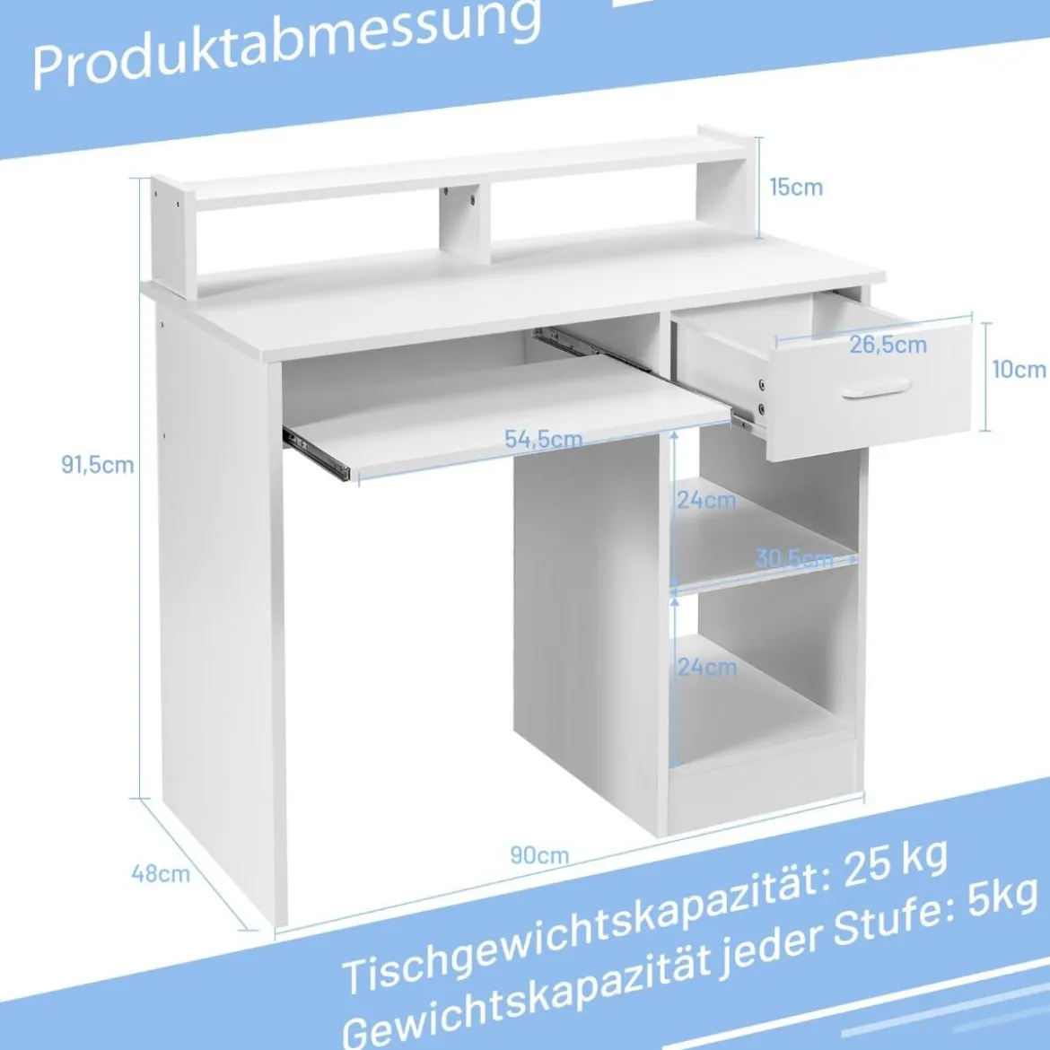 Computertisch Schreibtisch mit Aufbewahrungsschublade & Regal-Aufsatz 90 x 48 x 91,5 cm Weiß