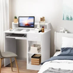 Computertisch Schreibtisch mit Aufbewahrungsschublade & Regal-Aufsatz 90 x 48 x 91,5 cm Weiß