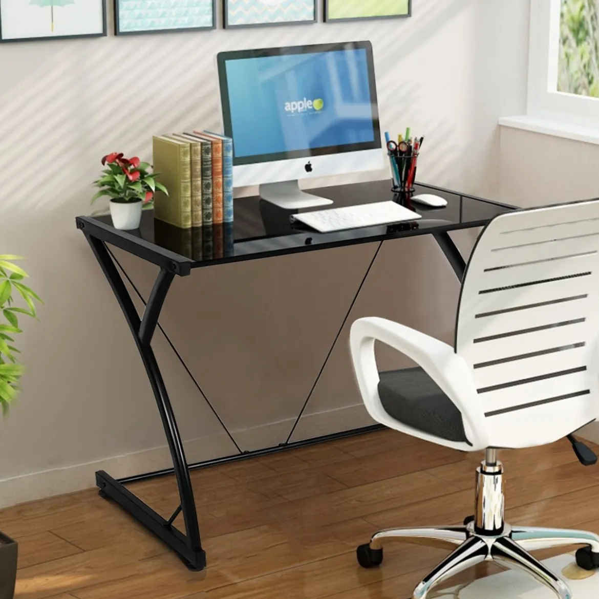 Computertisch Schreibtisch mit gehärteter Glasplatte Z-förmige Struktur 80 x 50 x 70,5 cm Schwarz