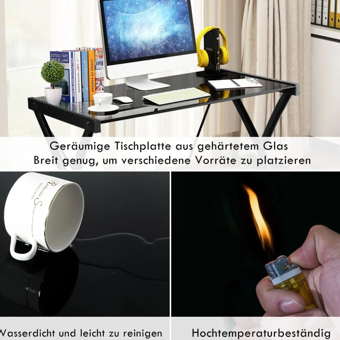Computertisch Schreibtisch mit gehärteter Glasplatte Z-förmige Struktur 80 x 50 x 70,5 cm Schwarz