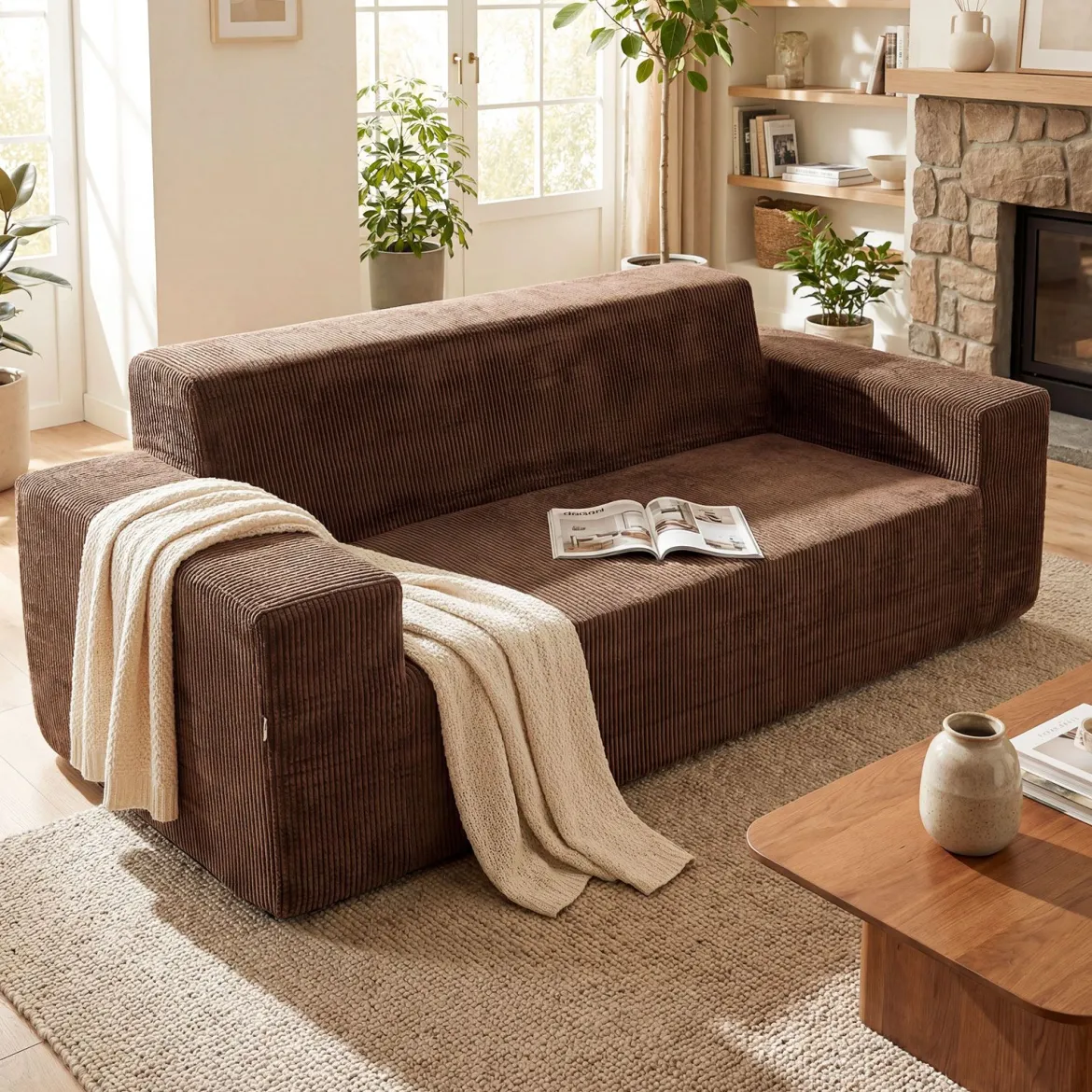 Corduroy 3-Sitzer Sofa Loveseat mit hoher Rückenlehne breiten Armlehnen & tiefem Sitz Braun
