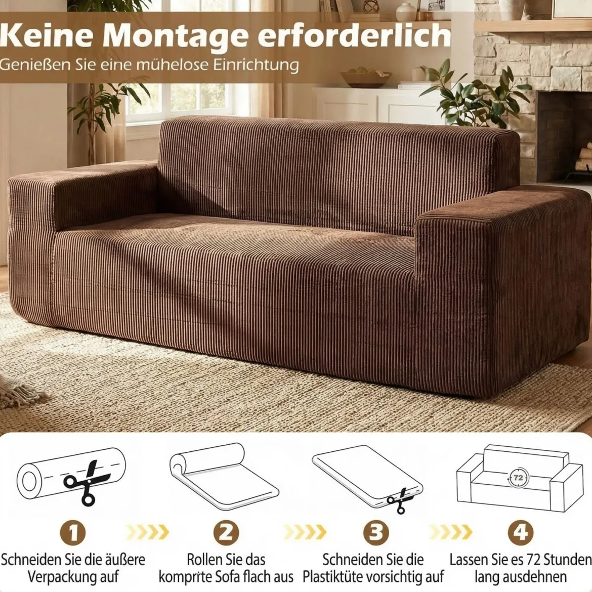 Corduroy 3-Sitzer Sofa Loveseat mit hoher Rückenlehne breiten Armlehnen & tiefem Sitz Braun