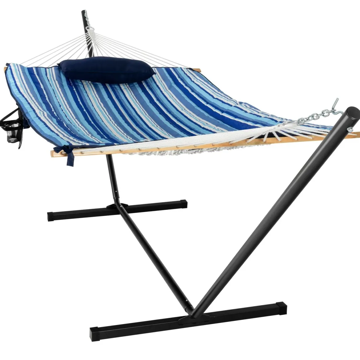 Cosway Hängematte mit Ständer Hängematten-Set mit Kissen 345 x 92,5 x 125 cm Schwarz + Blau