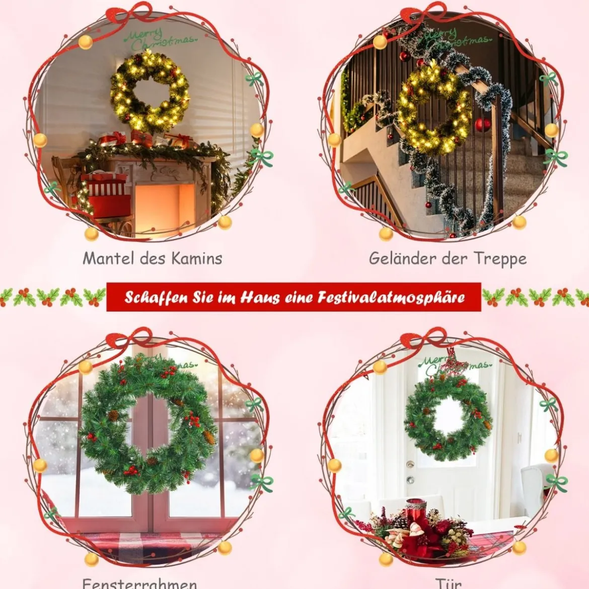 Cosway Künstlicher Beleuchteter Weihnachtskranz mit 110 grünen Zweigen 60 cm