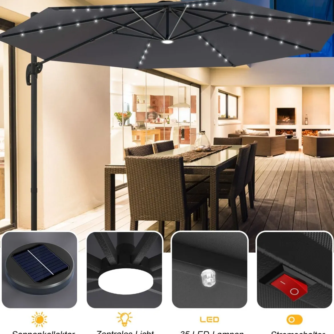 Coswtay Ampelschirm LED Sonnenschirm Outdoor LED Gartenschirm neigbar mit Kreuzständer Grau
