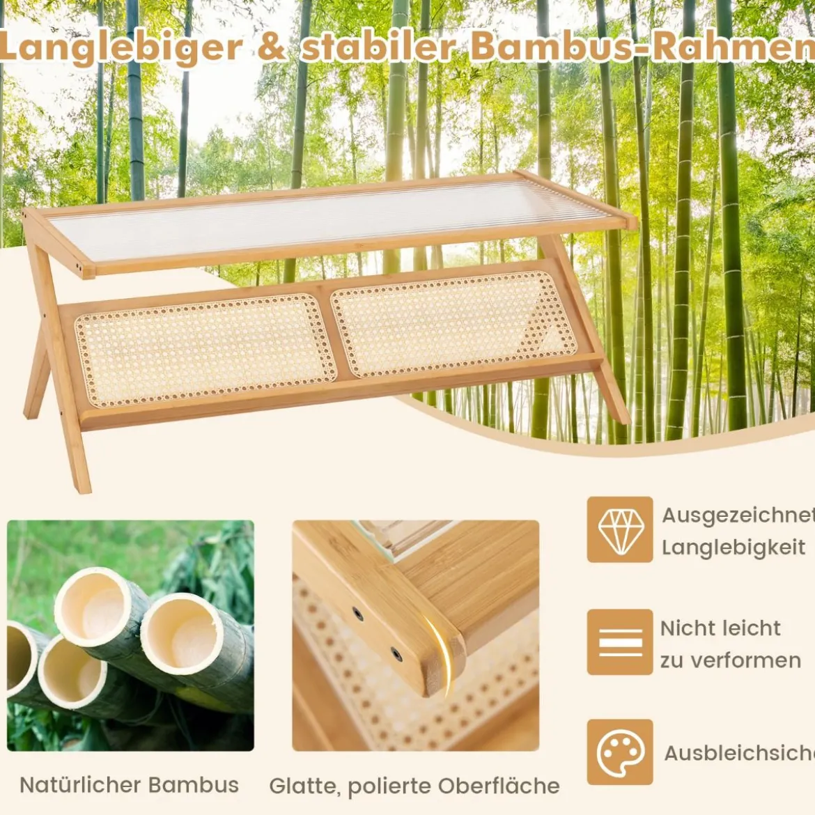 Couchtisch aus Bambus 120 cm 2-stöckiger Rechteckiger Kaffeetisch Natur