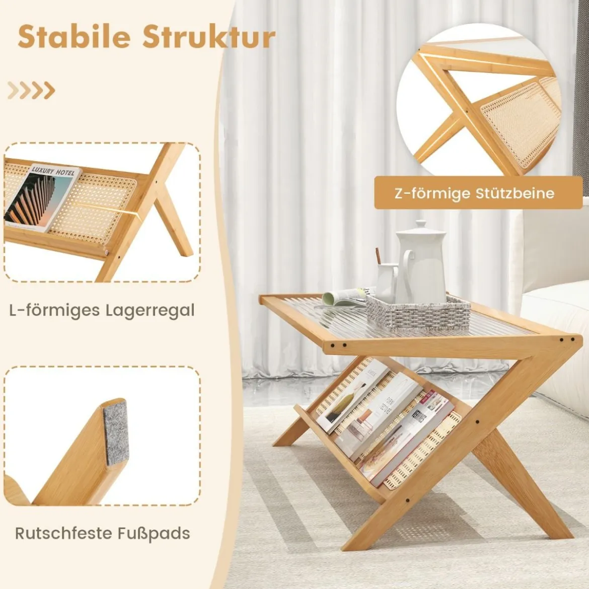Couchtisch aus Bambus 120 cm 2-stöckiger Rechteckiger Kaffeetisch Natur