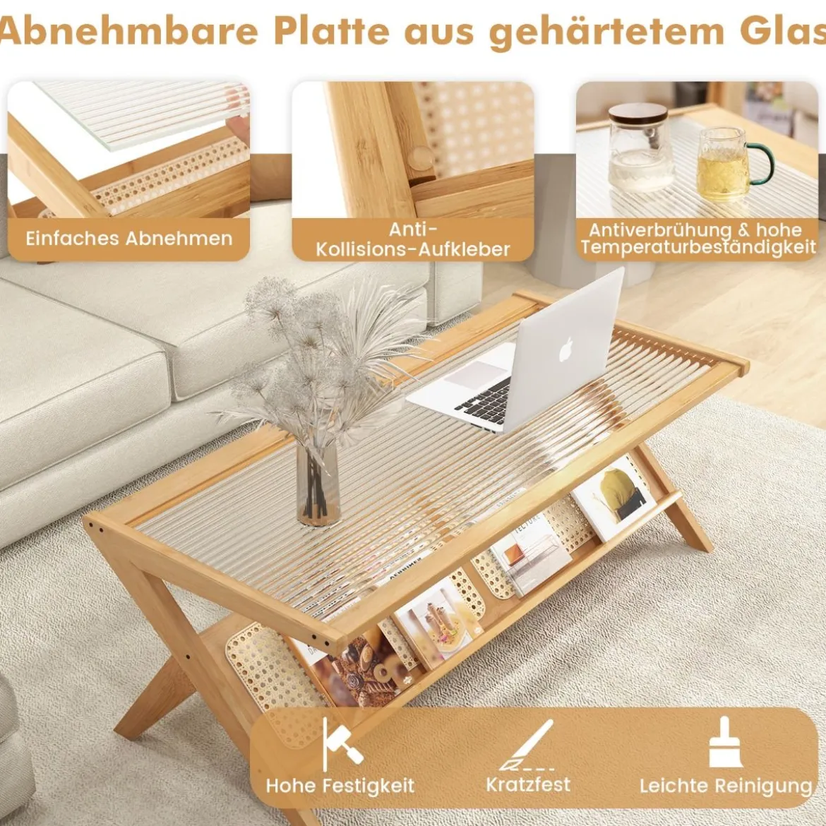 Couchtisch aus Bambus 120 cm 2-stöckiger Rechteckiger Kaffeetisch Natur